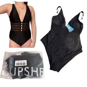 NEW Cupshe SWIMSUIT Women's LG 1PC Bathing Suit Tummy Control Mesh Adj. Straps